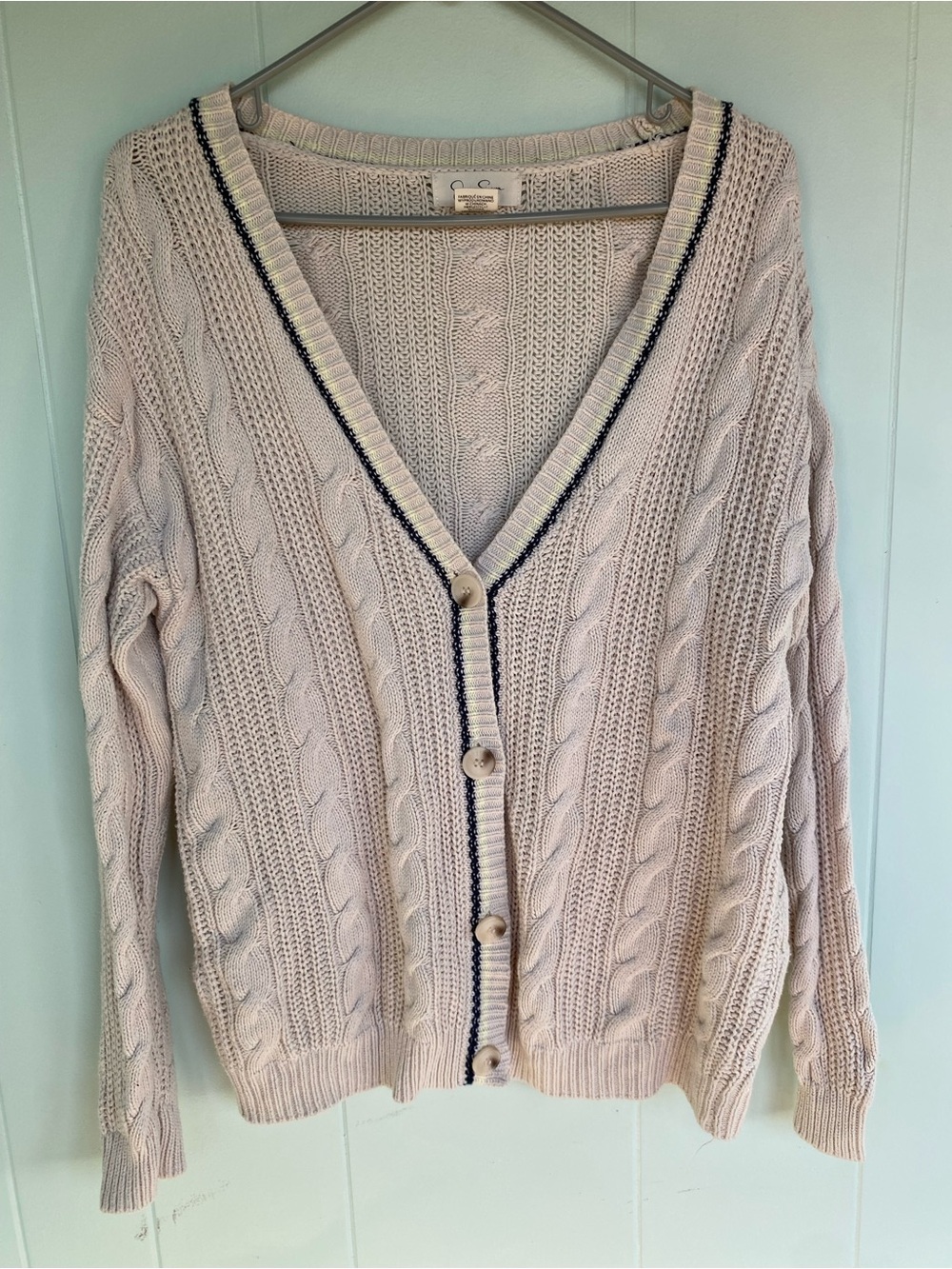 Jessica Simpson Light Pink Cable Knit Cardigan with Navy & Cream Trim